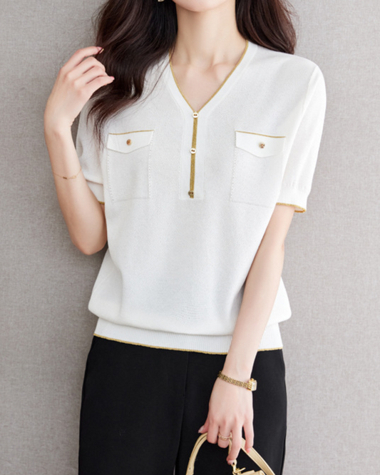 Vネックポケットデザインニットプルオーバー 2417