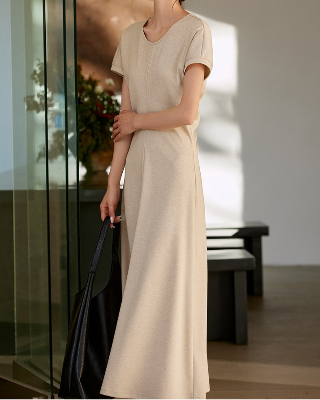 ラウンドネックバックリボンロングワンピース 2423