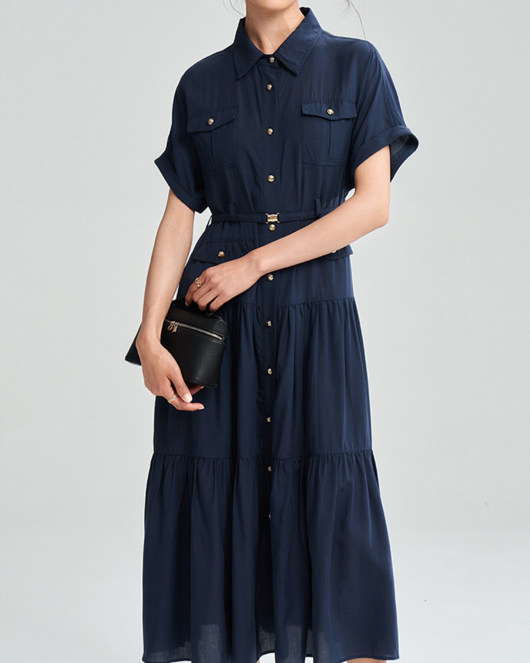 ゴールドボタンハイウエストシャツワンピース 2373