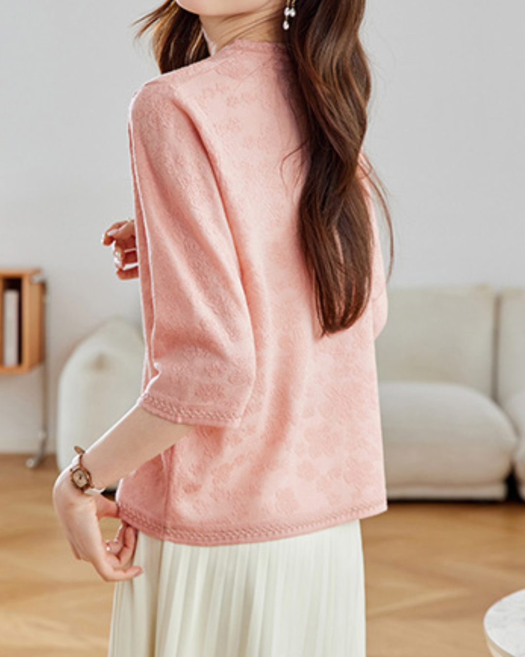 ラウンドネック7分袖ニットプルオーバー 2404