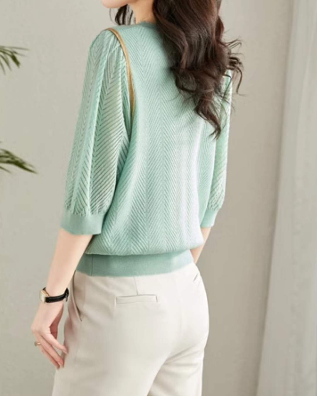 ラウンドネック7分袖ニットプルオーバー 2405