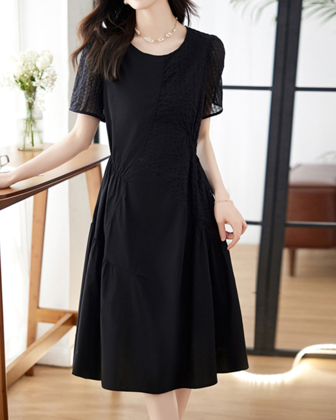 クルーネックコラージュAラインワンピース 2400