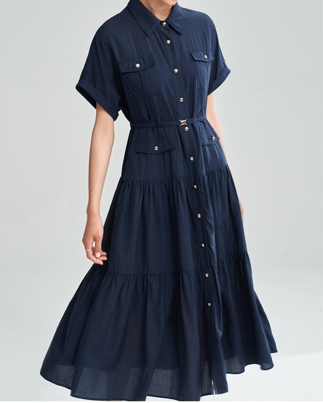 ゴールドボタンハイウエストシャツワンピース 2373
