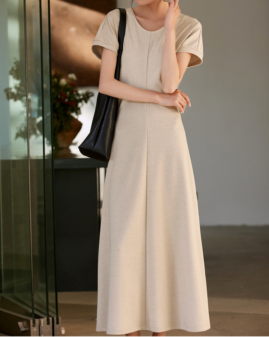 ラウンドネックバックリボンロングワンピース 2423