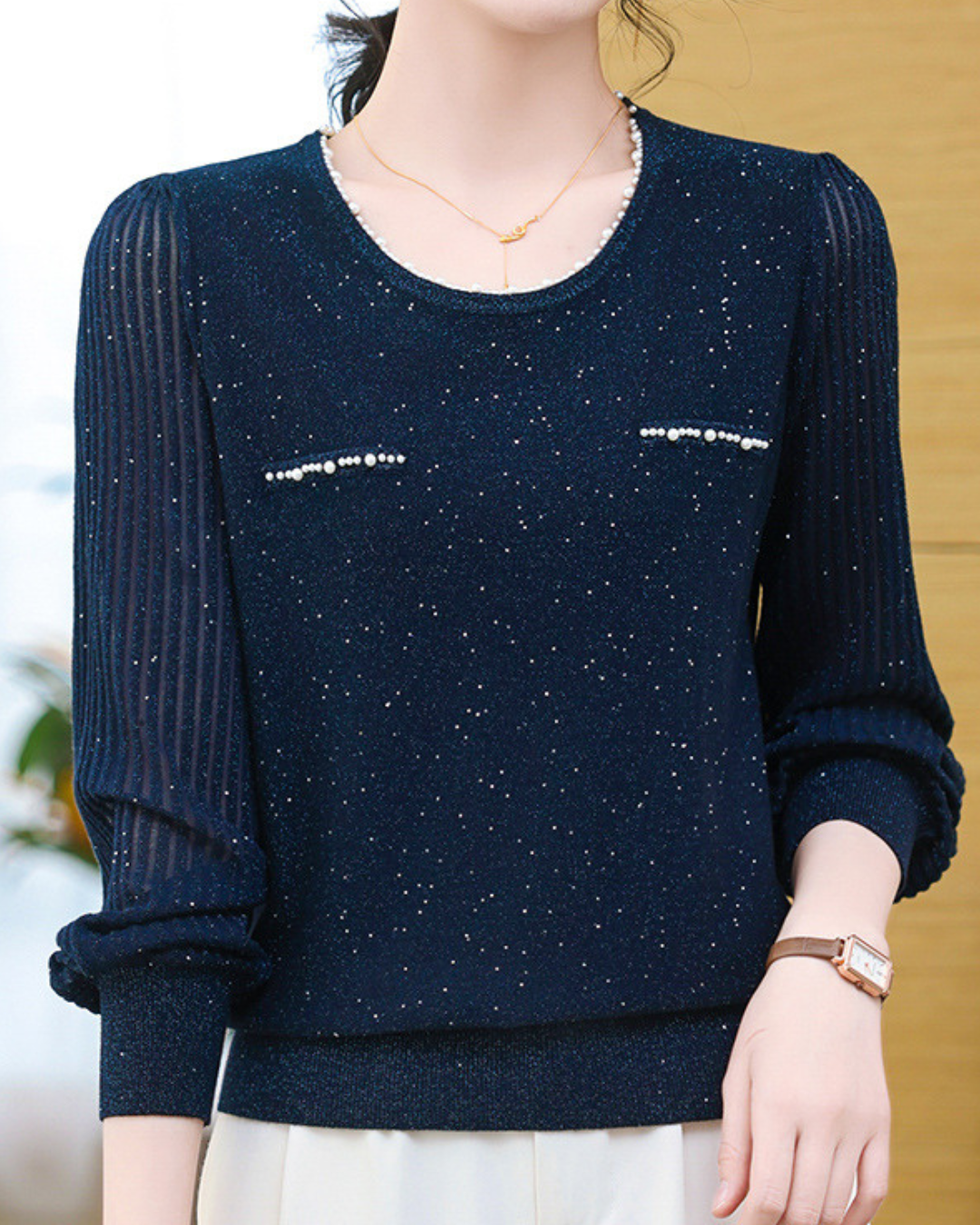 パールラウンドネックスパンコールニットプルオーバー 2412
