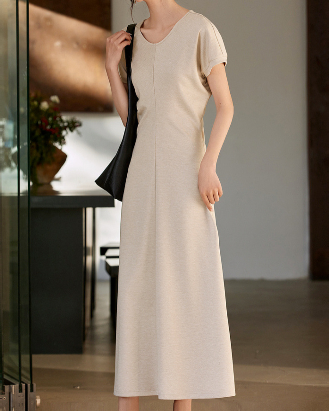 ラウンドネックバックリボンロングワンピース 2423