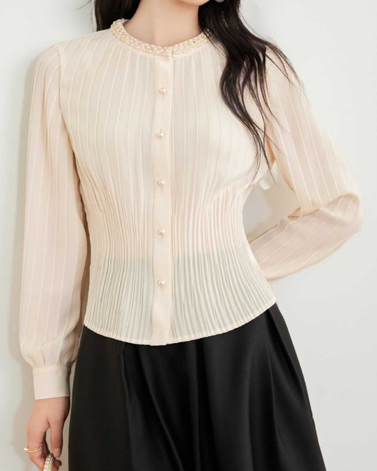 ラウンドネックビジュープリーツブラウス 2435
