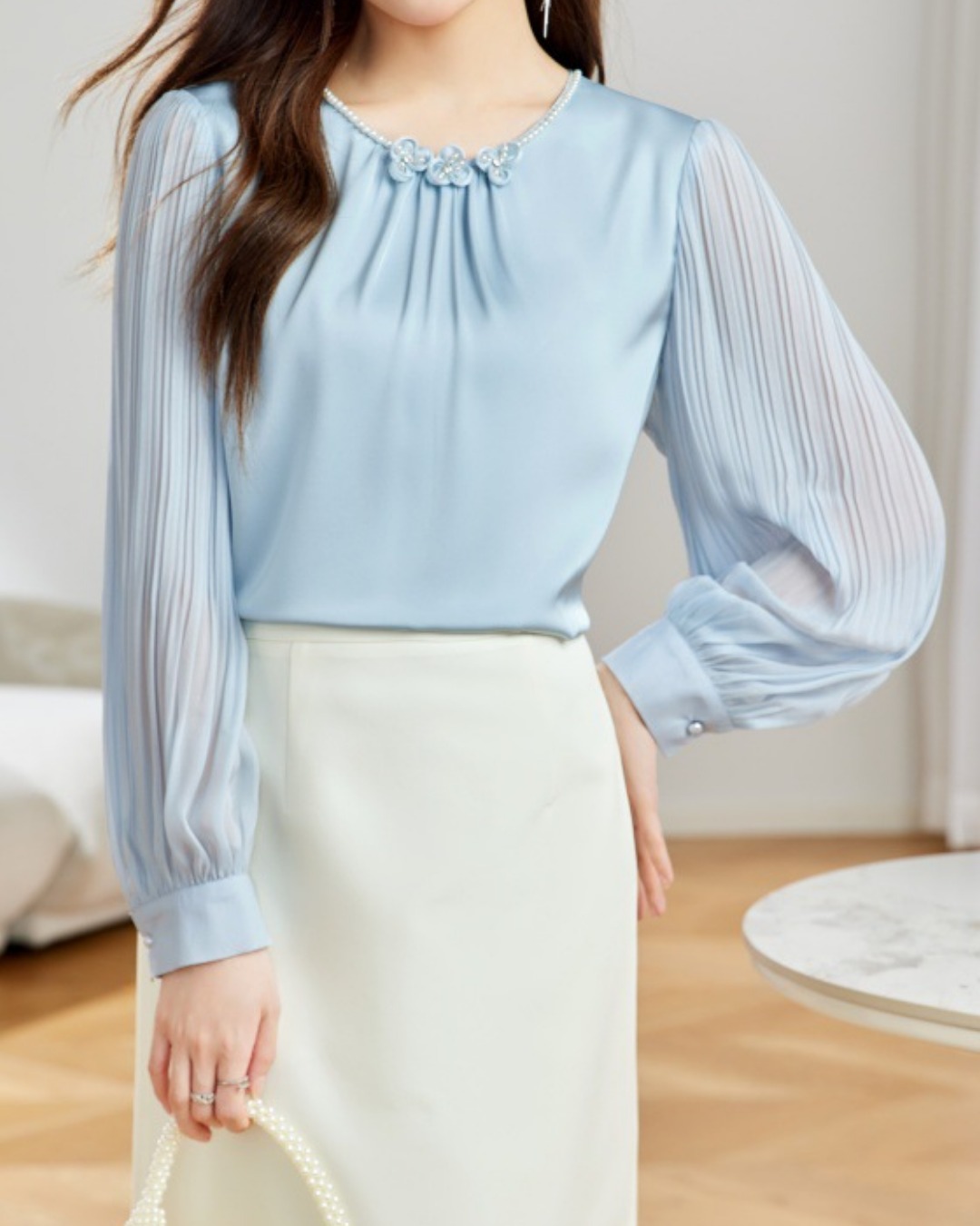 ビーズフラワープリーツブラウス 2451