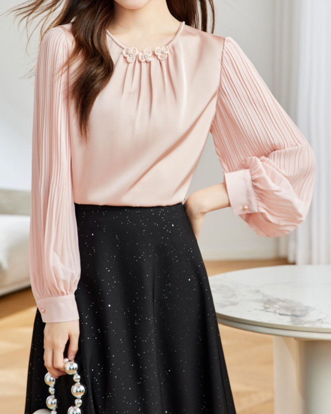 ビーズフラワープリーツブラウス 2451