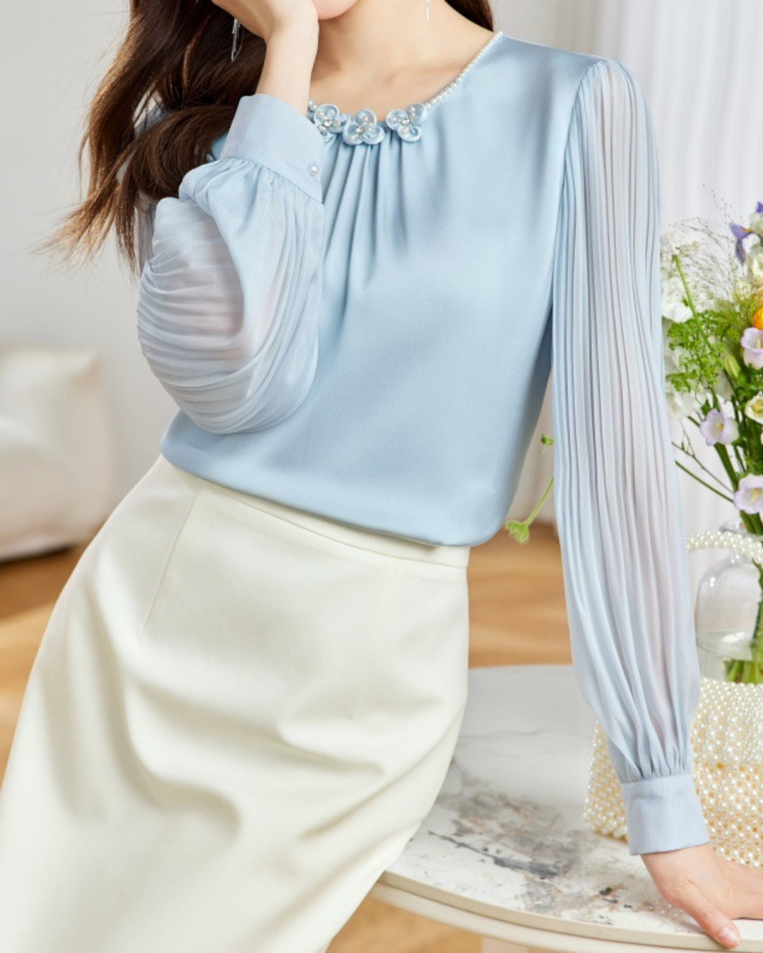 ビーズフラワープリーツブラウス 2451