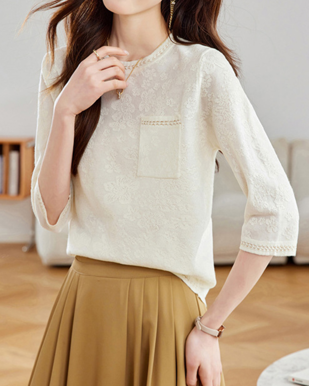 ラウンドネック7分袖ニットプルオーバー 2404