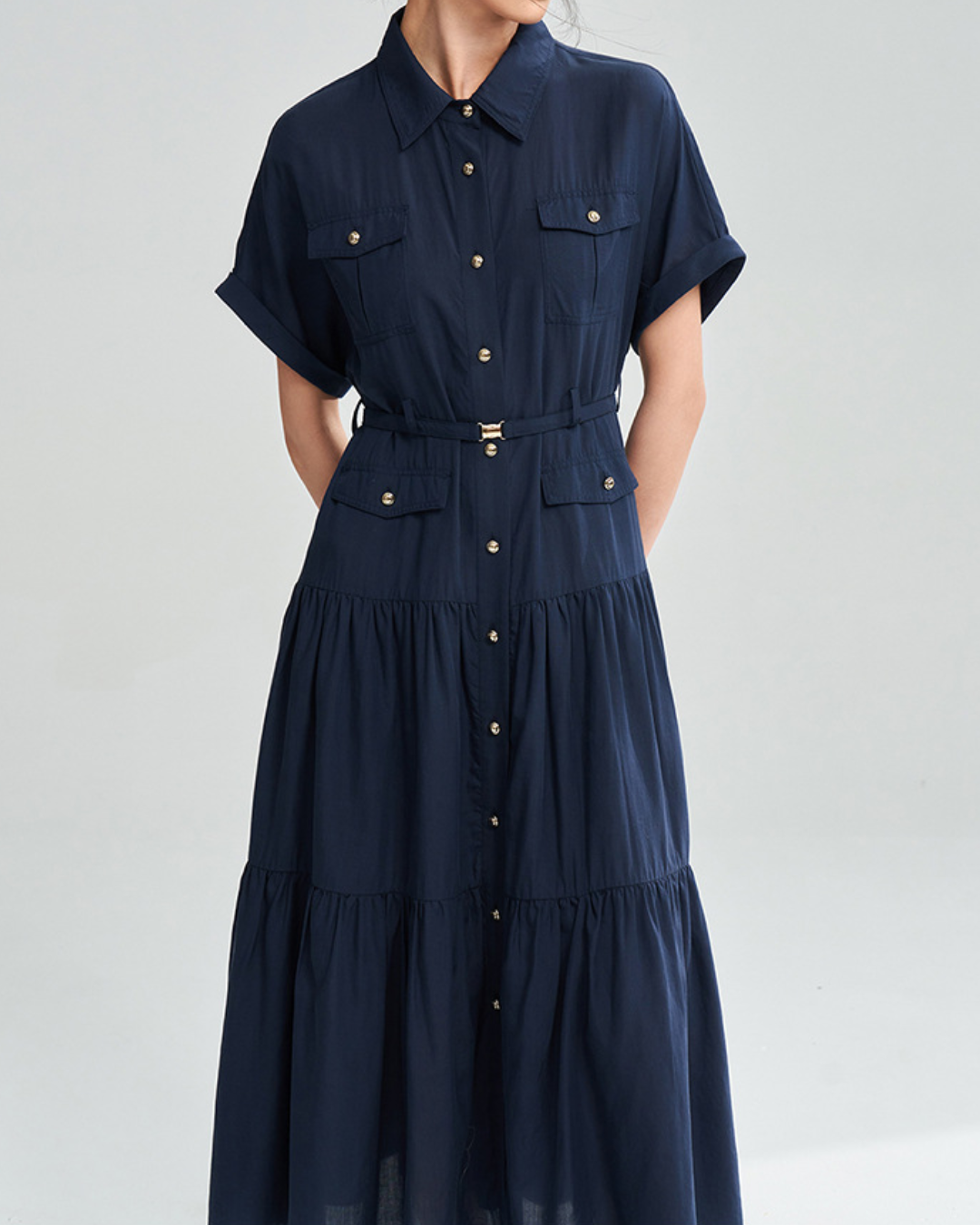 ゴールドボタンハイウエストシャツワンピース 2373