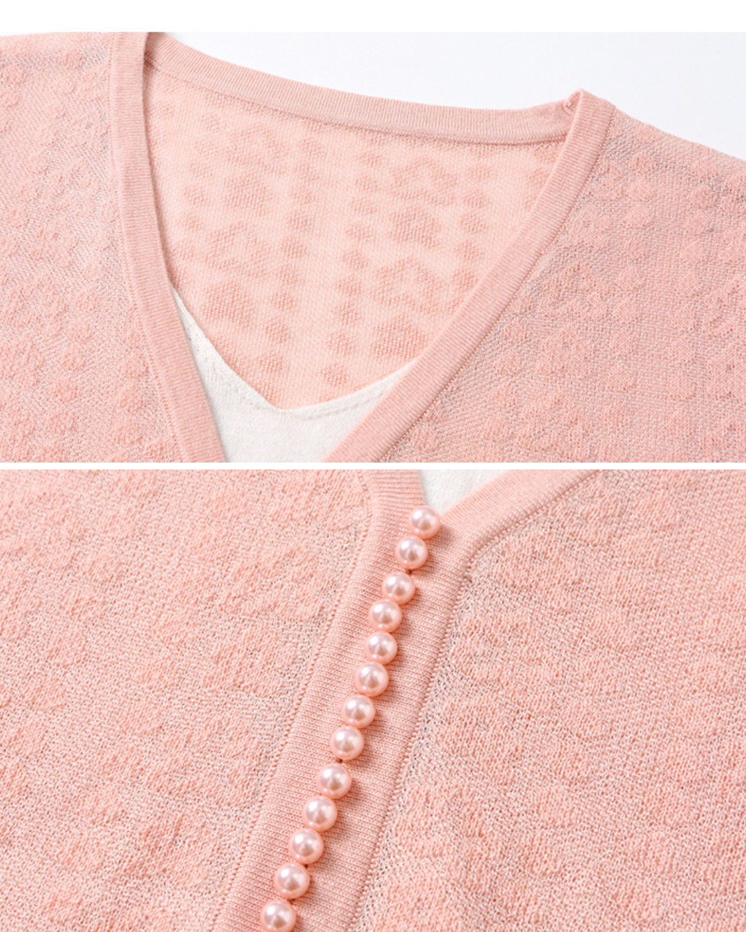 Vネックレイヤードパールニットプルオーバー 2407