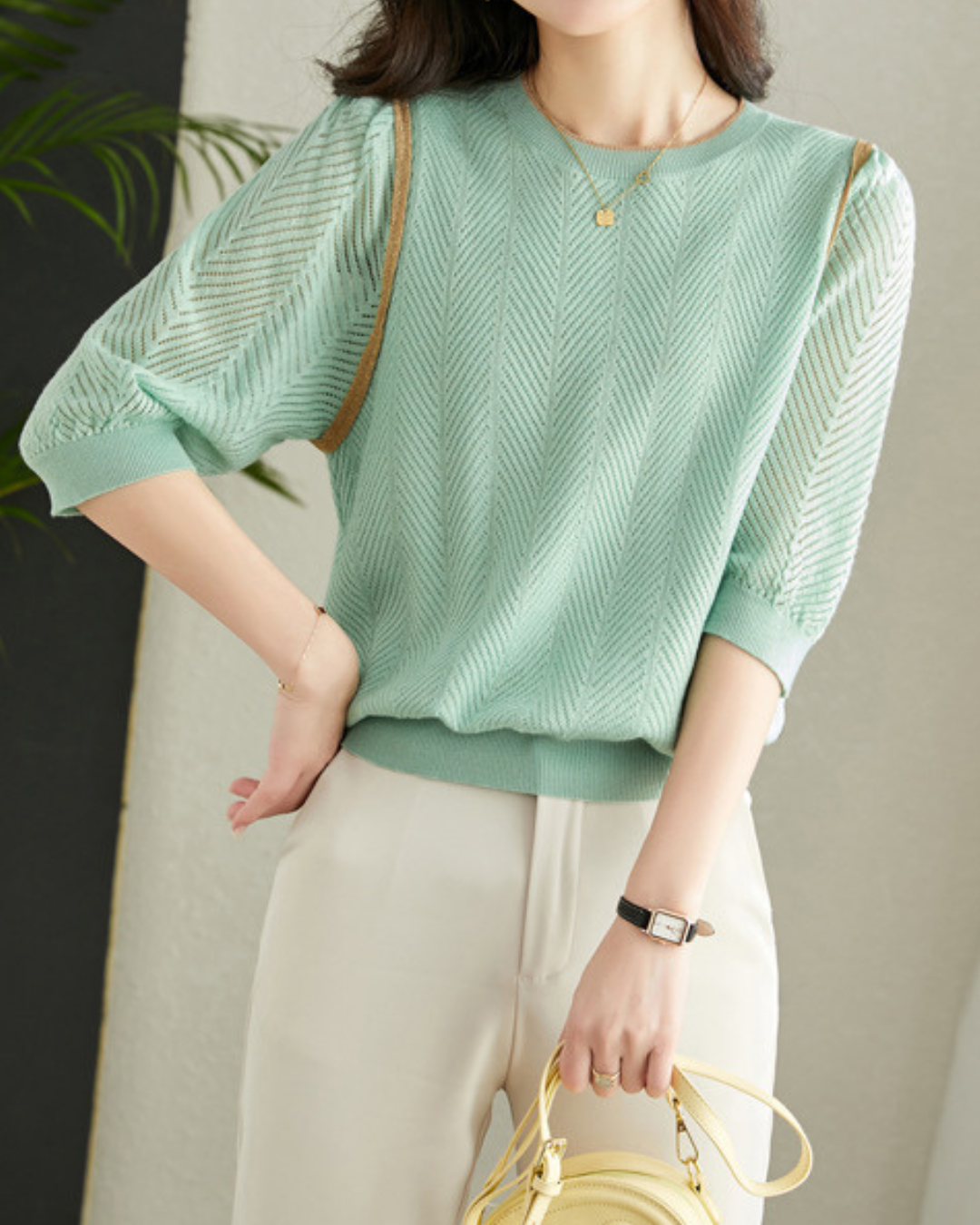 ラウンドネック7分袖ニットプルオーバー 2405