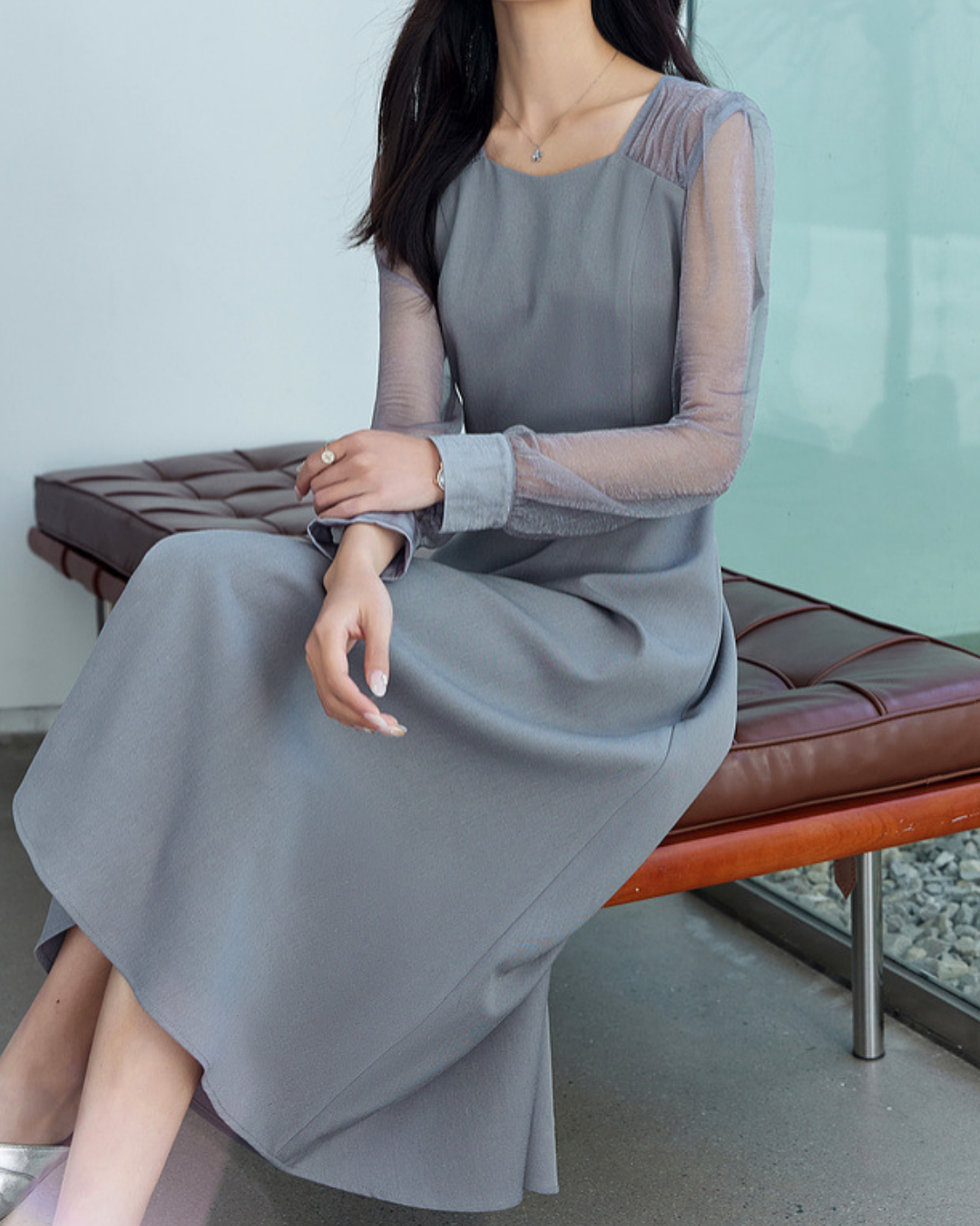 スクエアネックシアーロングワンピース 2433