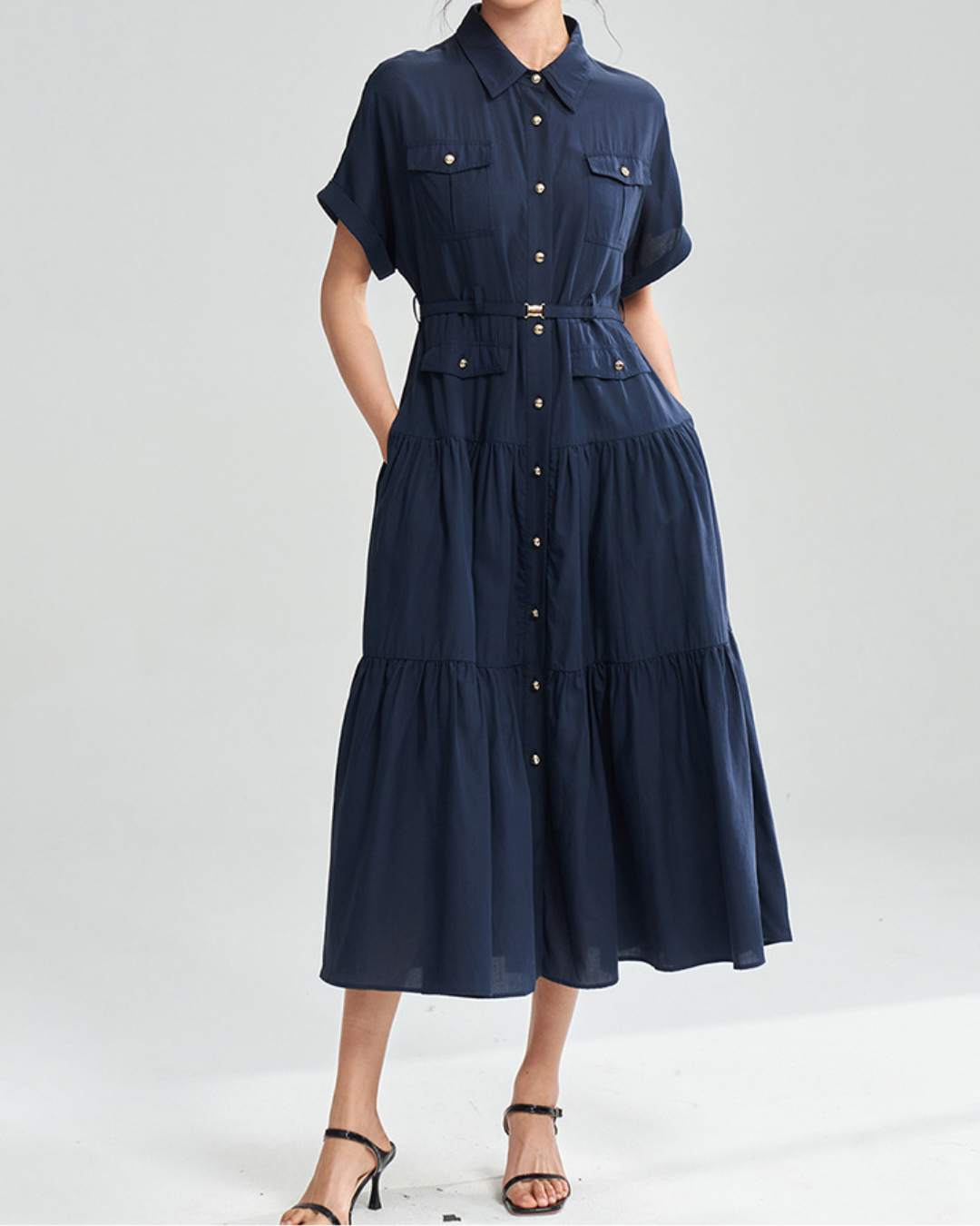 ゴールドボタンハイウエストシャツワンピース 2373
