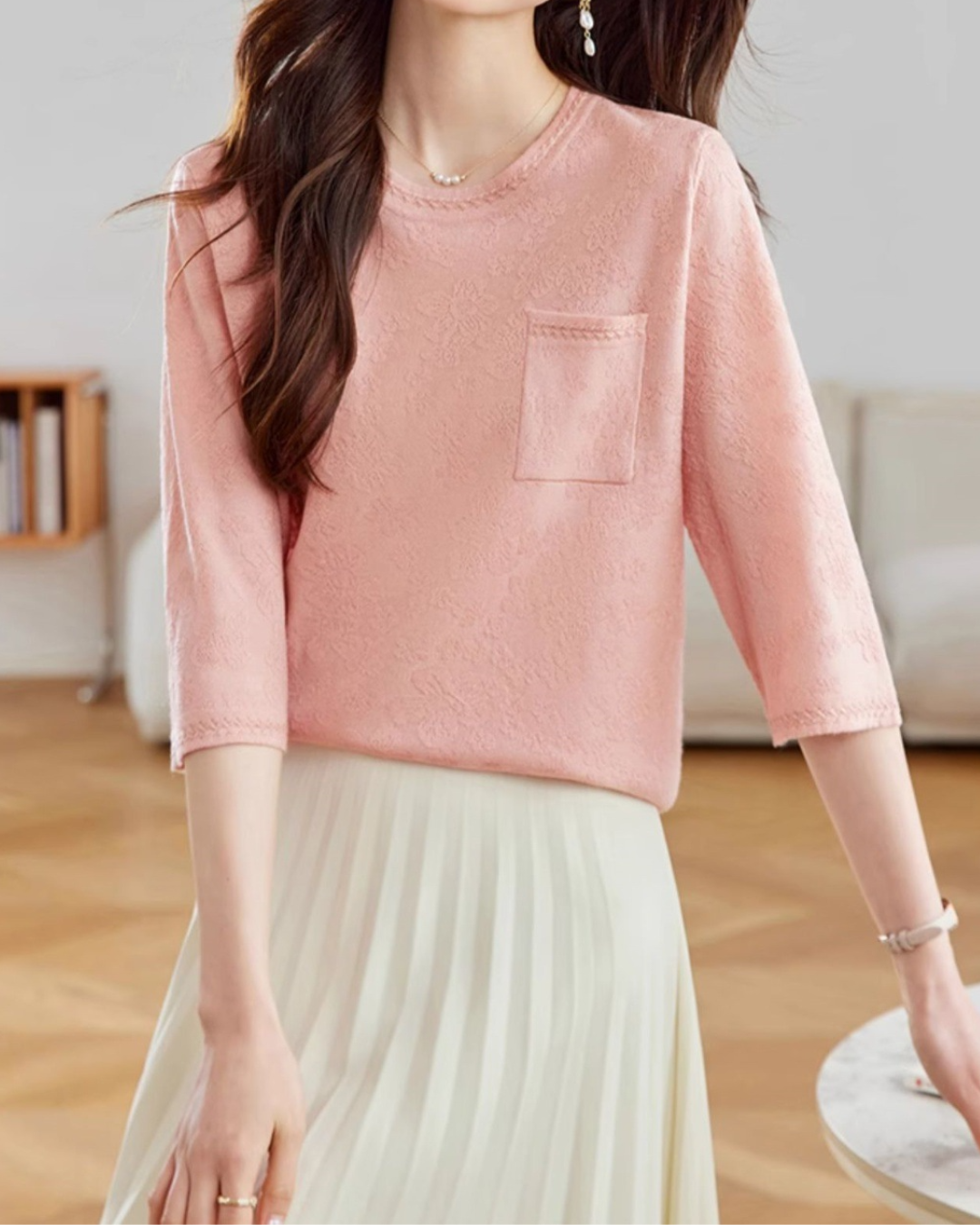 ラウンドネック7分袖ニットプルオーバー 2404