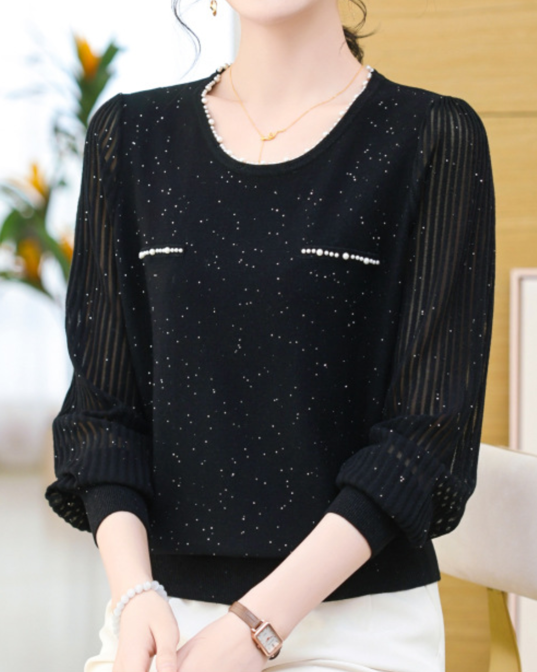 パールラウンドネックスパンコールニットプルオーバー 2412