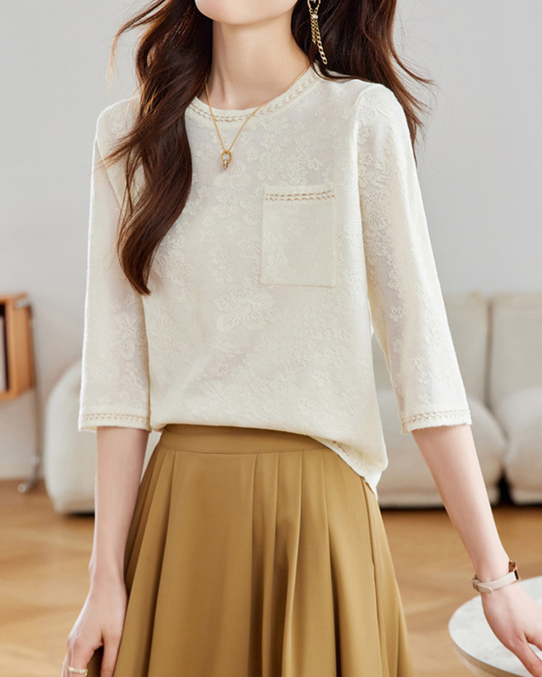 ラウンドネック7分袖ニットプルオーバー 2404