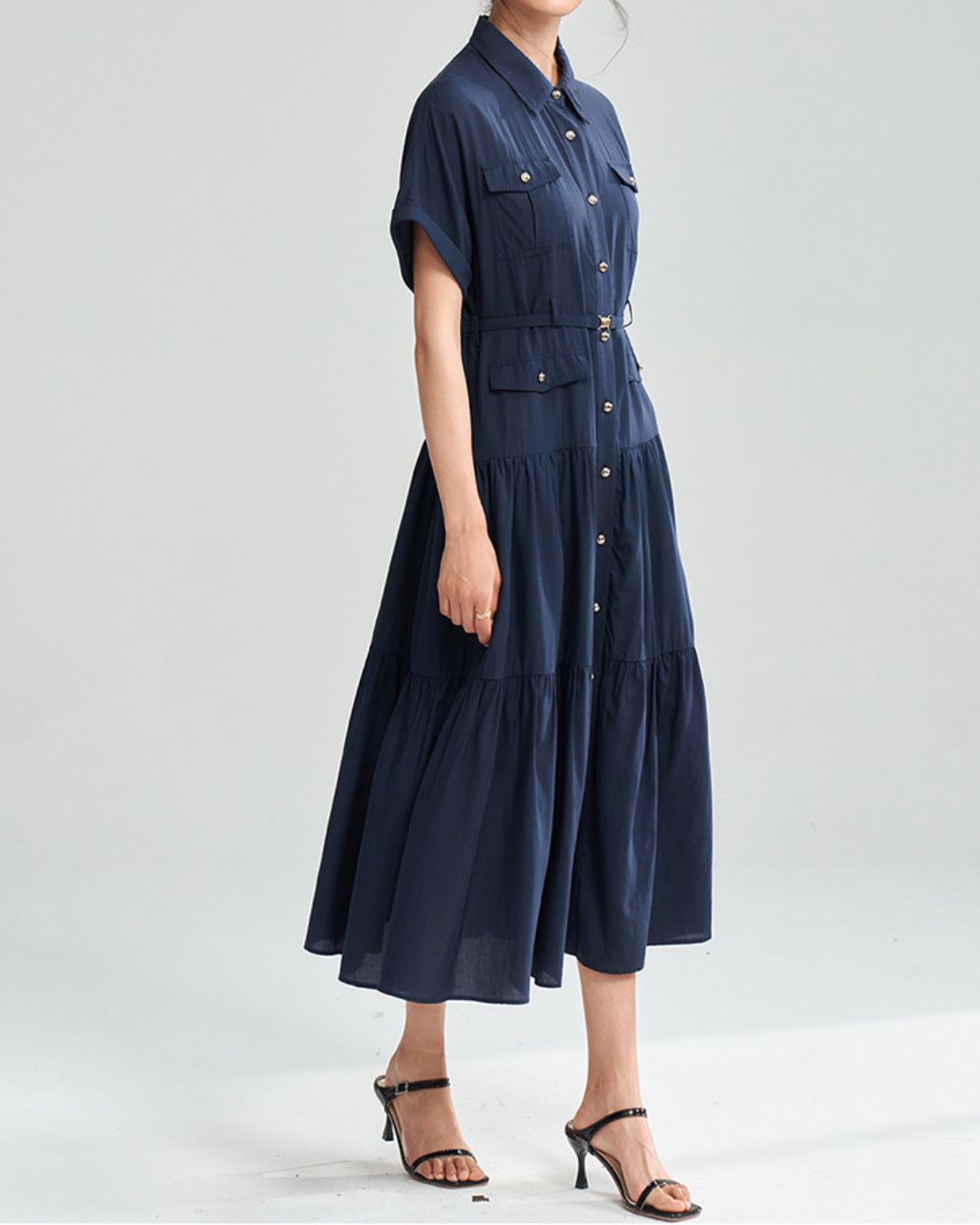 ゴールドボタンハイウエストシャツワンピース 2373