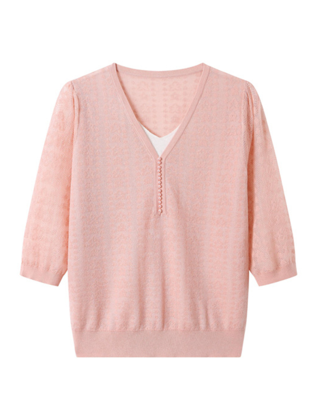 Vネックレイヤードパールニットプルオーバー 2407