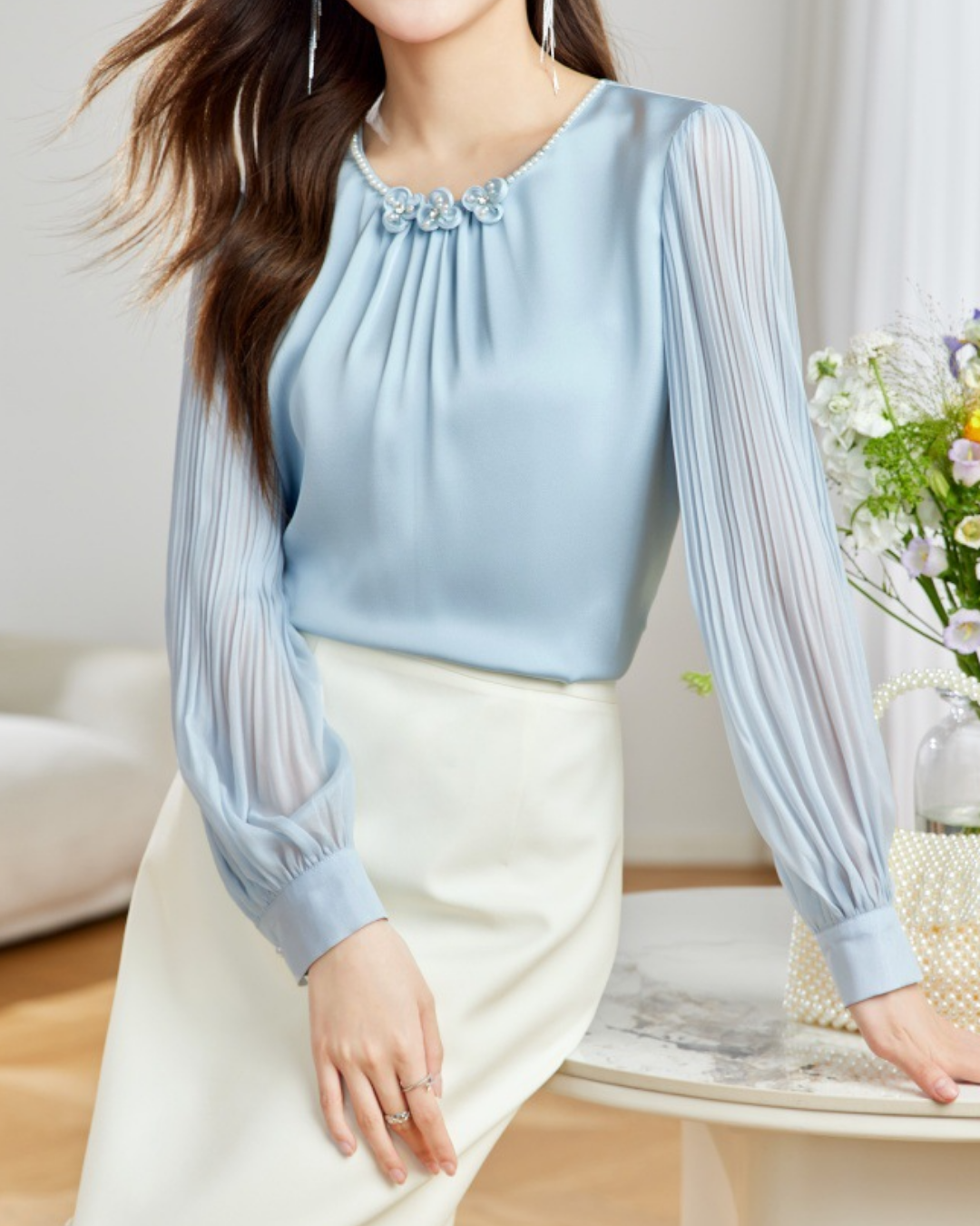 ビーズフラワープリーツブラウス 2451