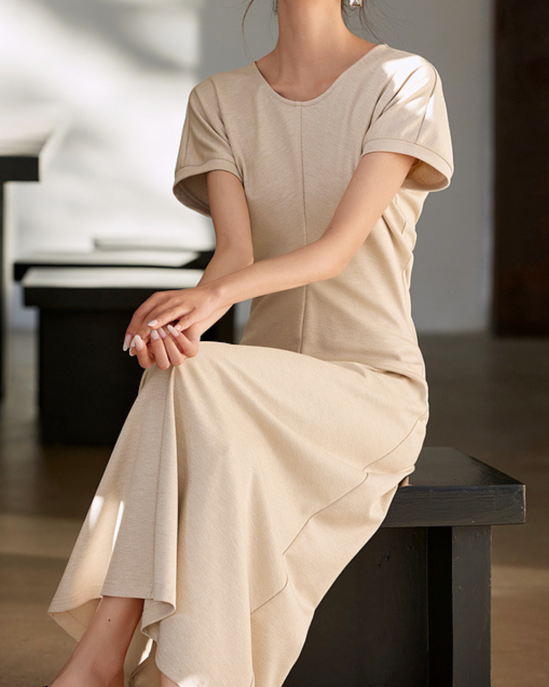 ラウンドネックバックリボンロングワンピース 2423