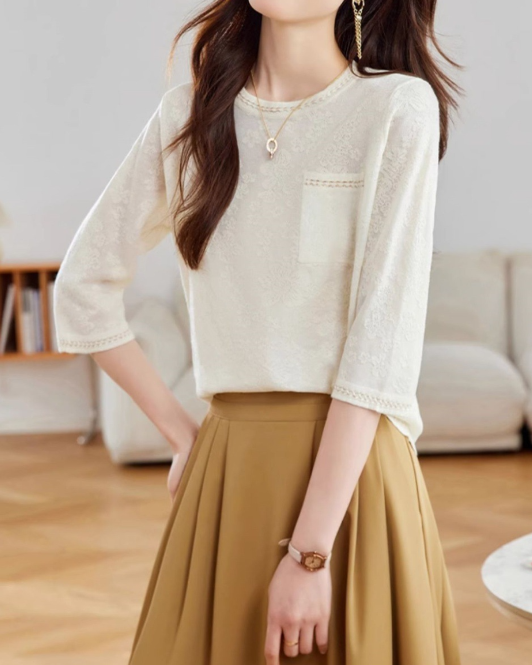 ラウンドネック7分袖ニットプルオーバー 2404