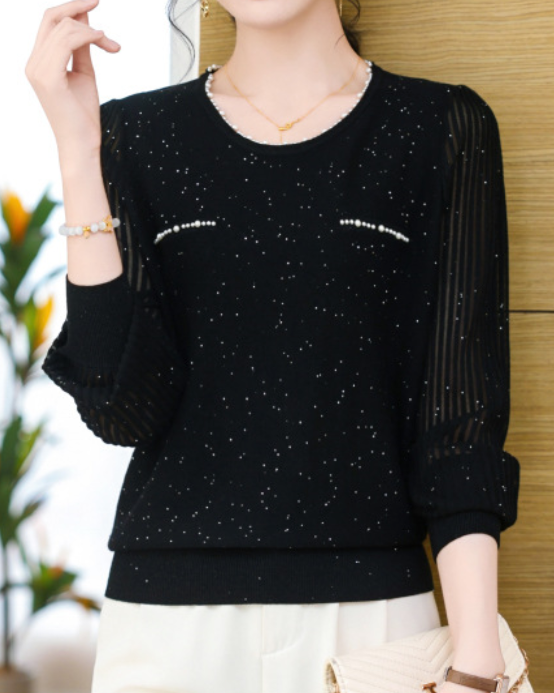 パールラウンドネックスパンコールニットプルオーバー 2412