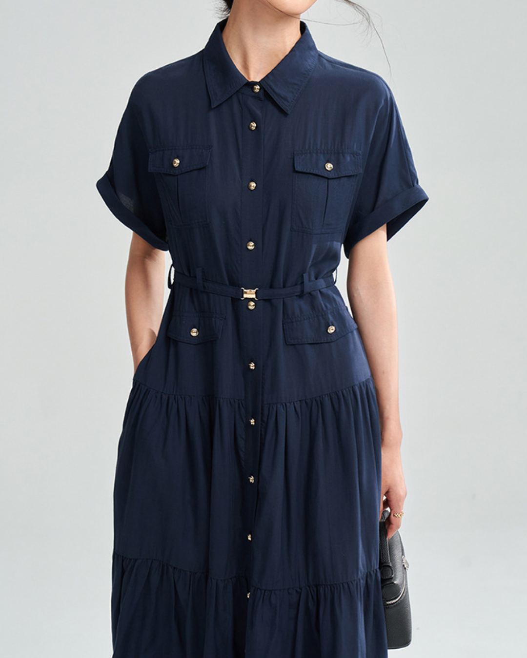 ゴールドボタンハイウエストシャツワンピース 2373
