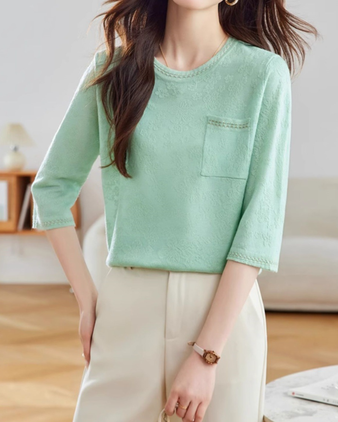 ラウンドネック7分袖ニットプルオーバー 2404