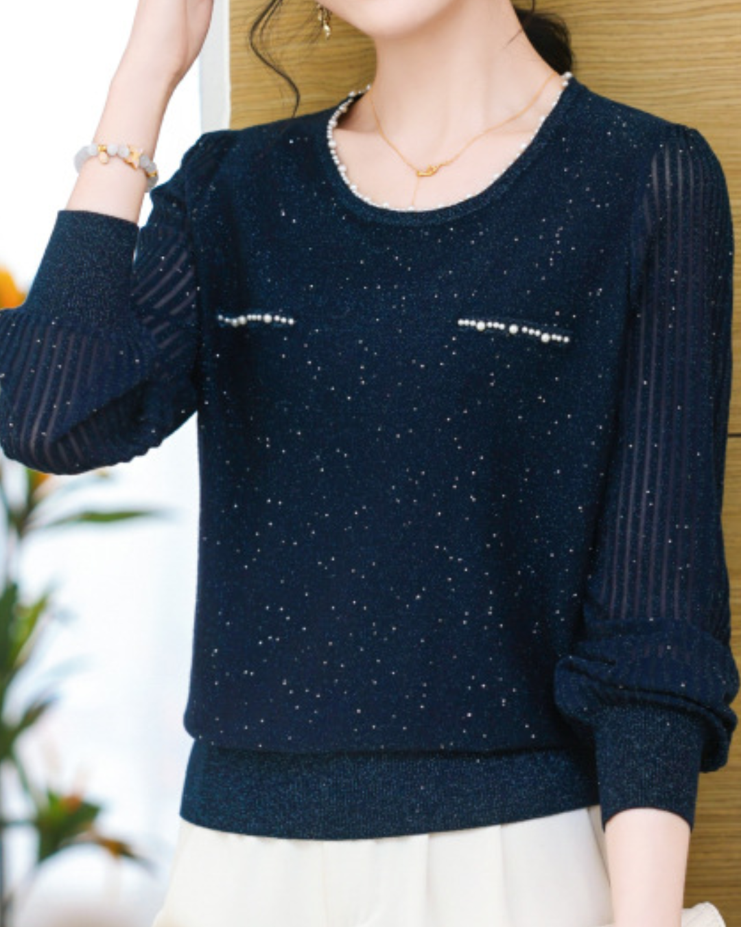 パールラウンドネックスパンコールニットプルオーバー 2412