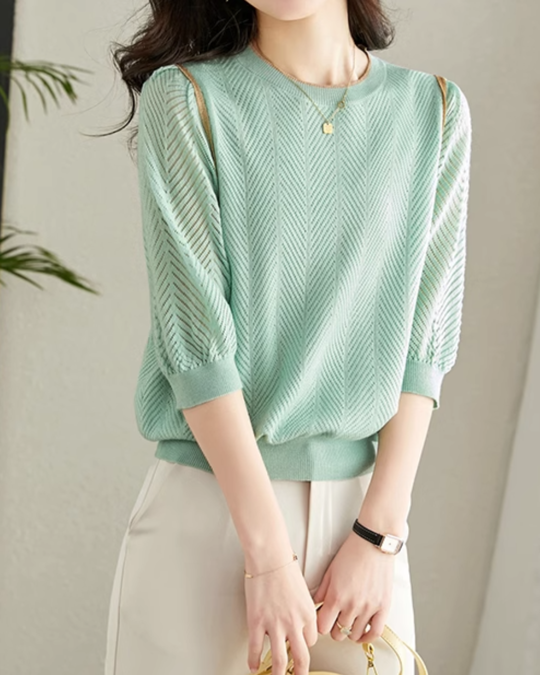 ラウンドネック7分袖ニットプルオーバー 2405