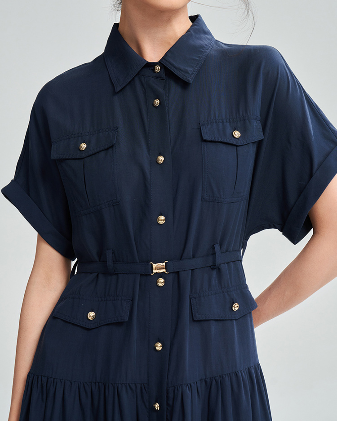 ゴールドボタンハイウエストシャツワンピース 2373