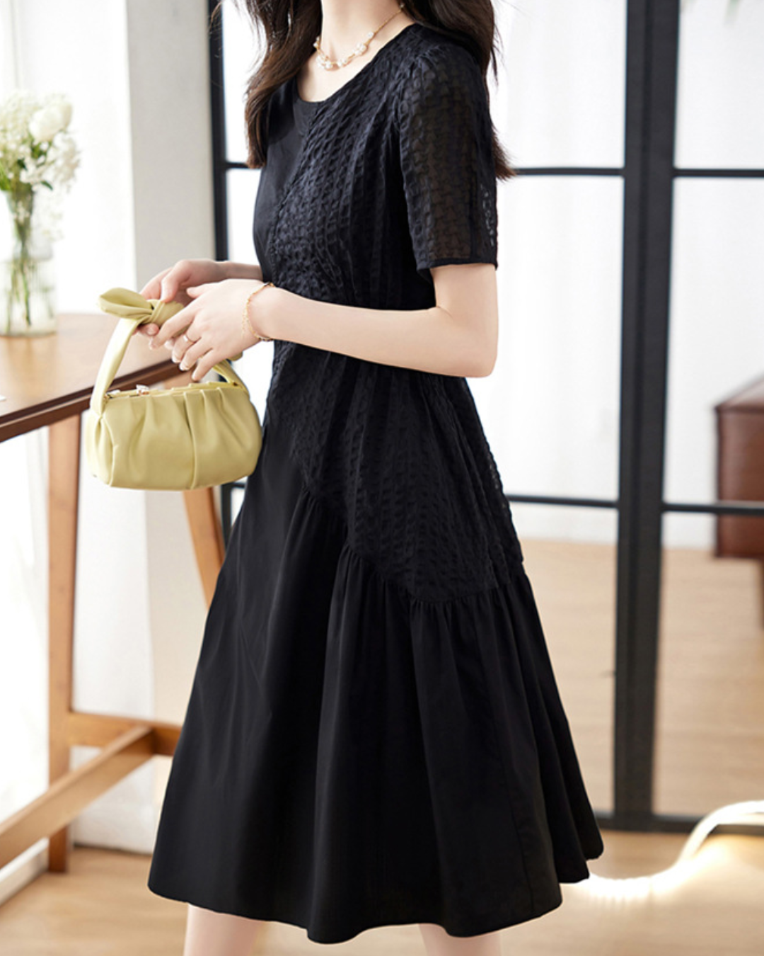 クルーネックコラージュAラインワンピース 2400