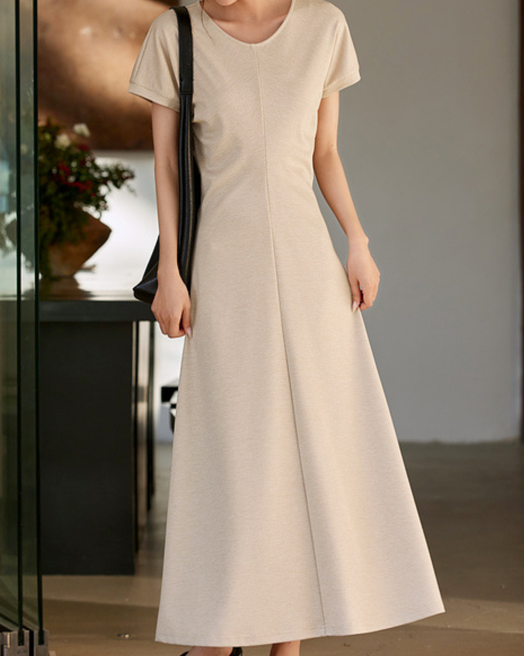 ラウンドネックバックリボンロングワンピース 2423