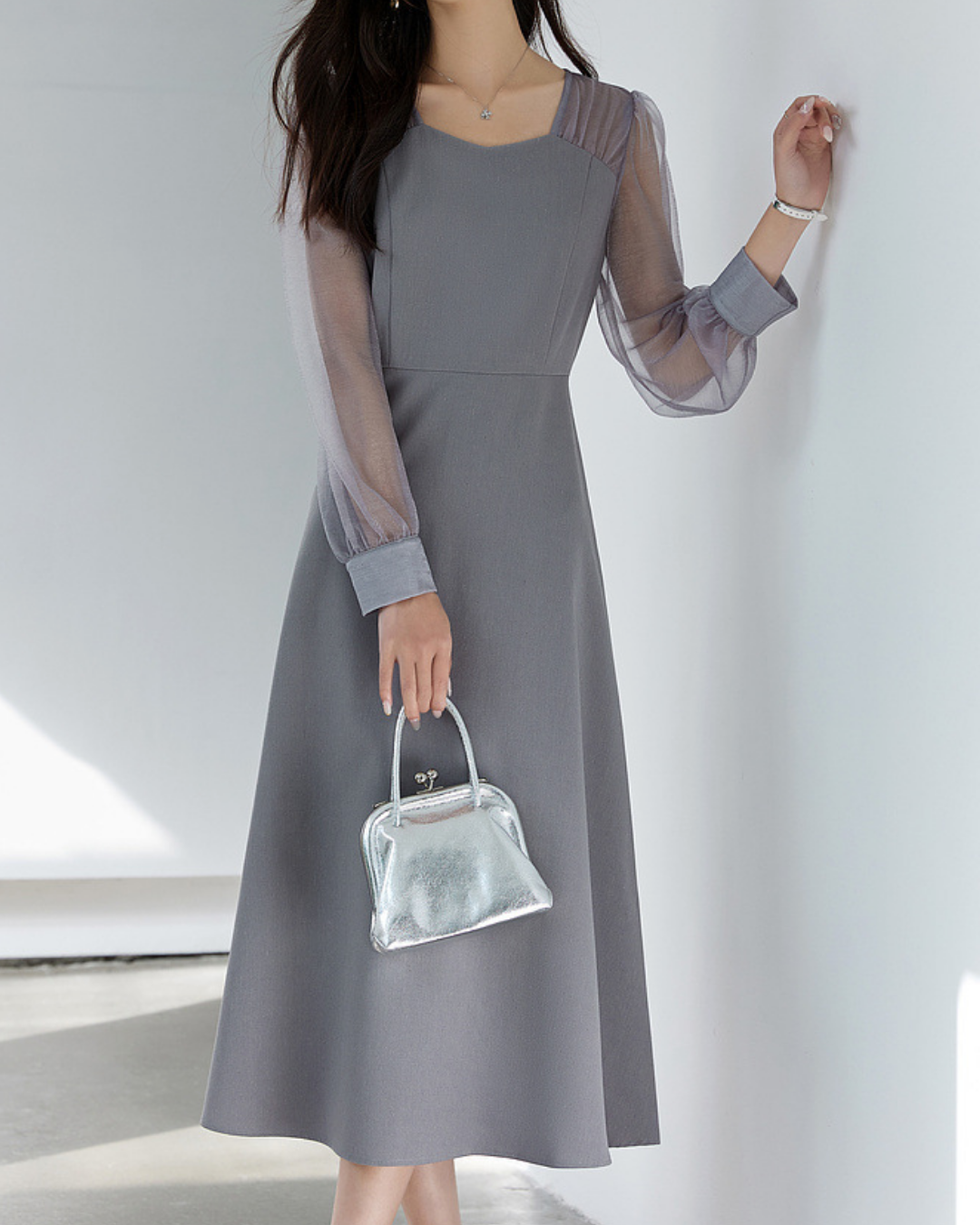 スクエアネックシアーロングワンピース 2433