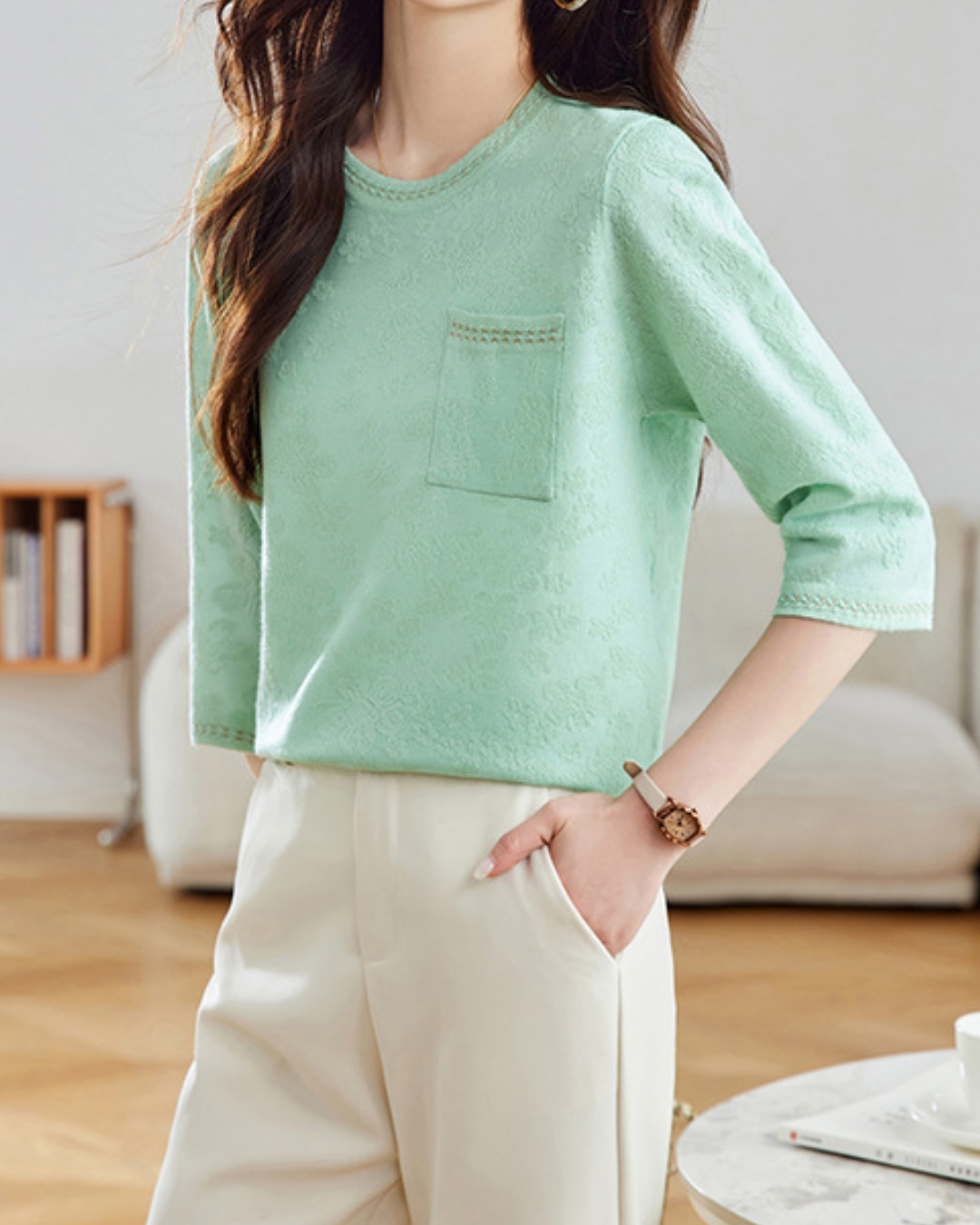 ラウンドネック7分袖ニットプルオーバー 2404