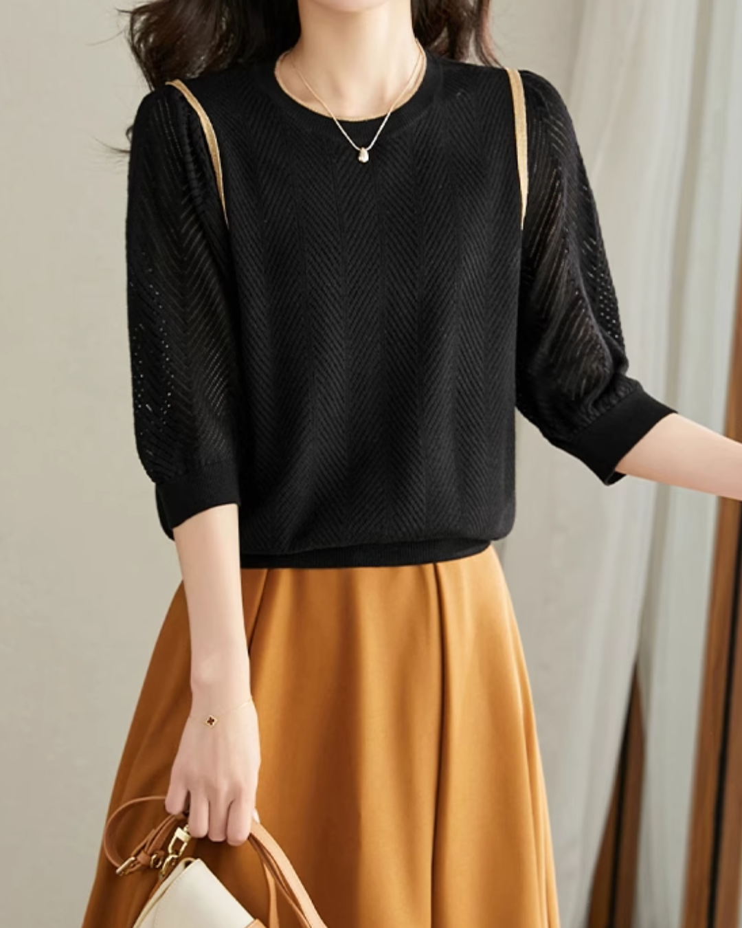 ラウンドネック7分袖ニットプルオーバー 2405