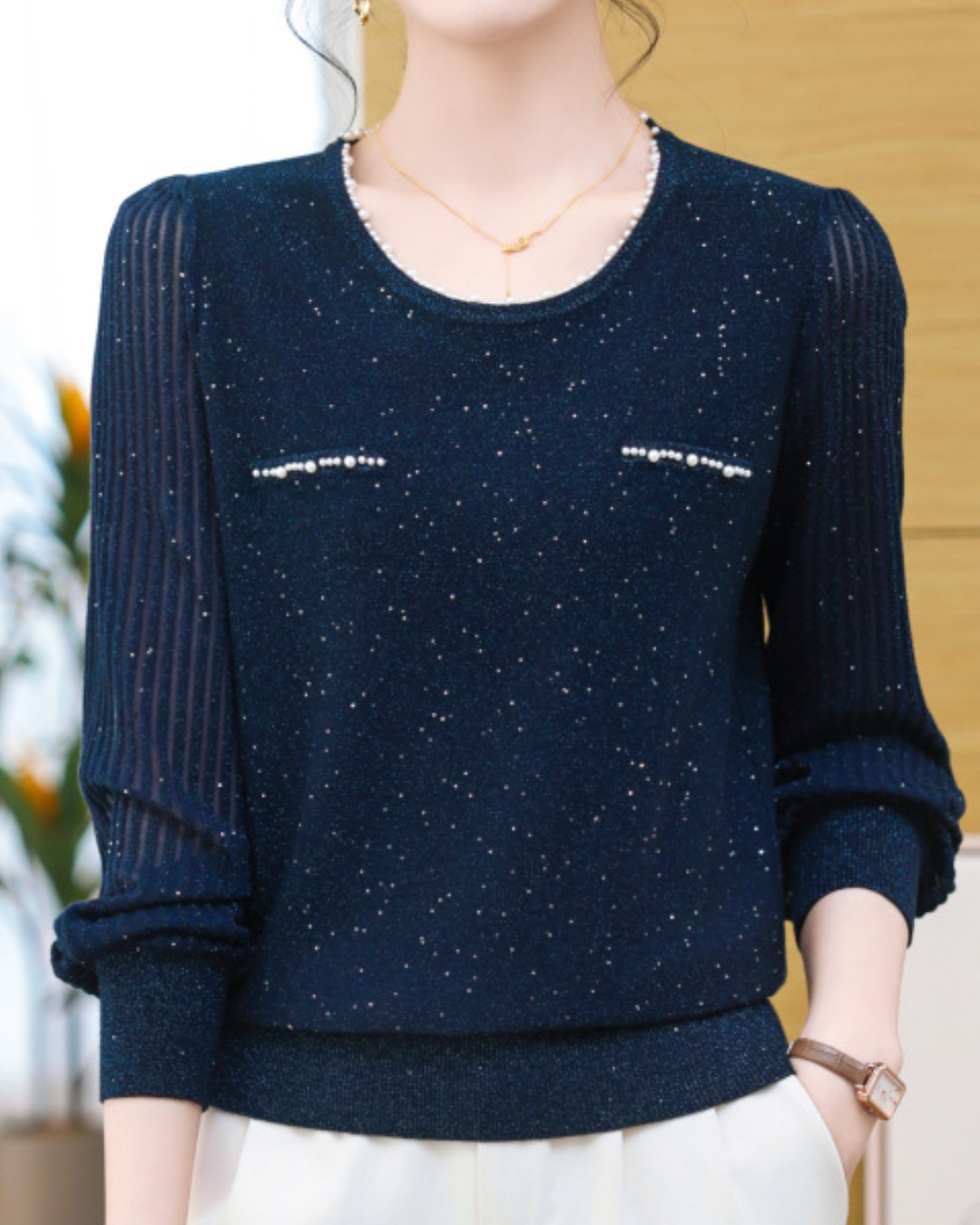 パールラウンドネックスパンコールニットプルオーバー 2412