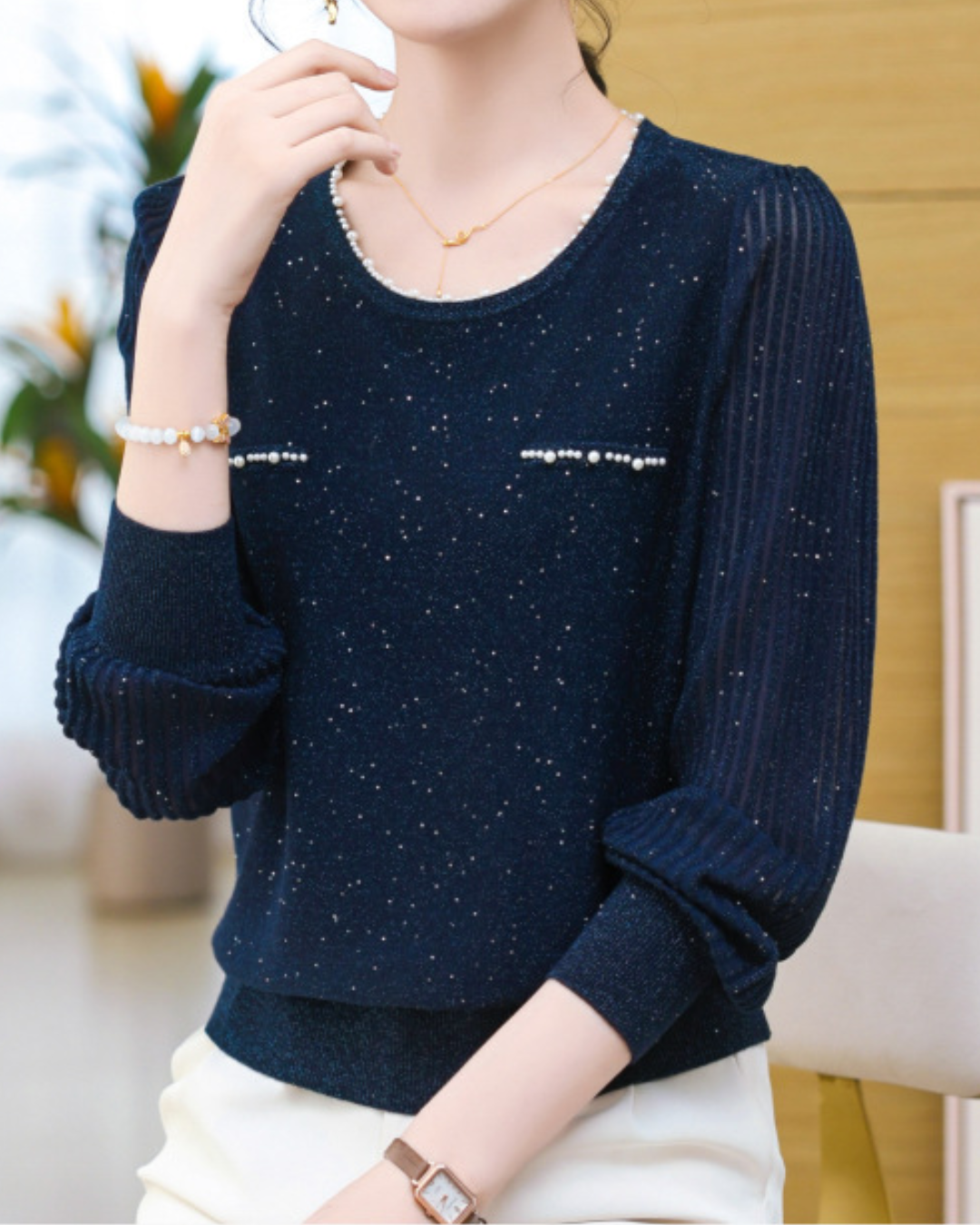 パールラウンドネックスパンコールニットプルオーバー 2412