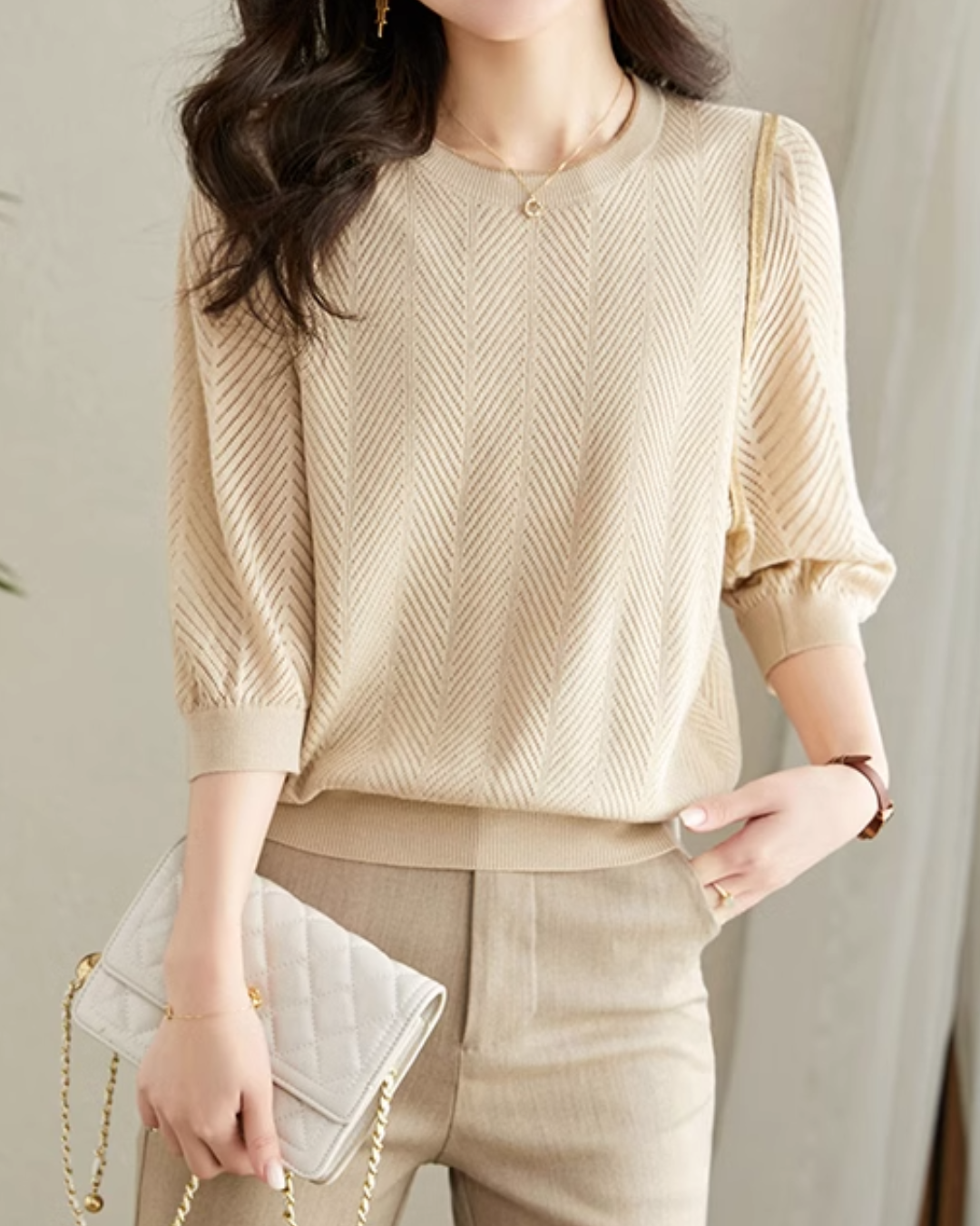 ラウンドネック7分袖ニットプルオーバー 2405