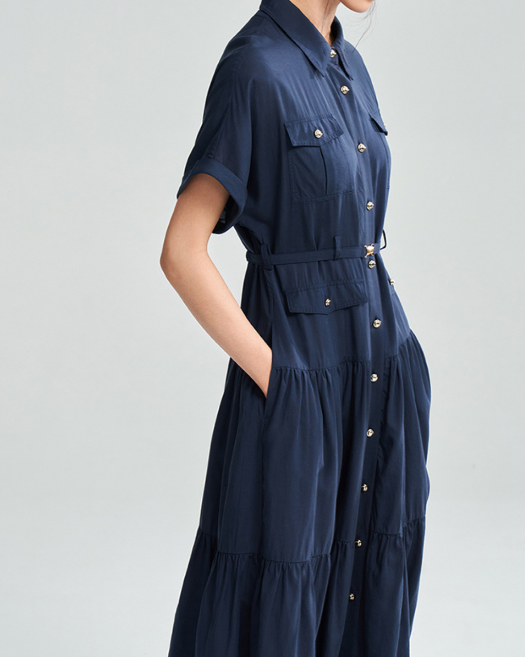 ゴールドボタンハイウエストシャツワンピース 2373