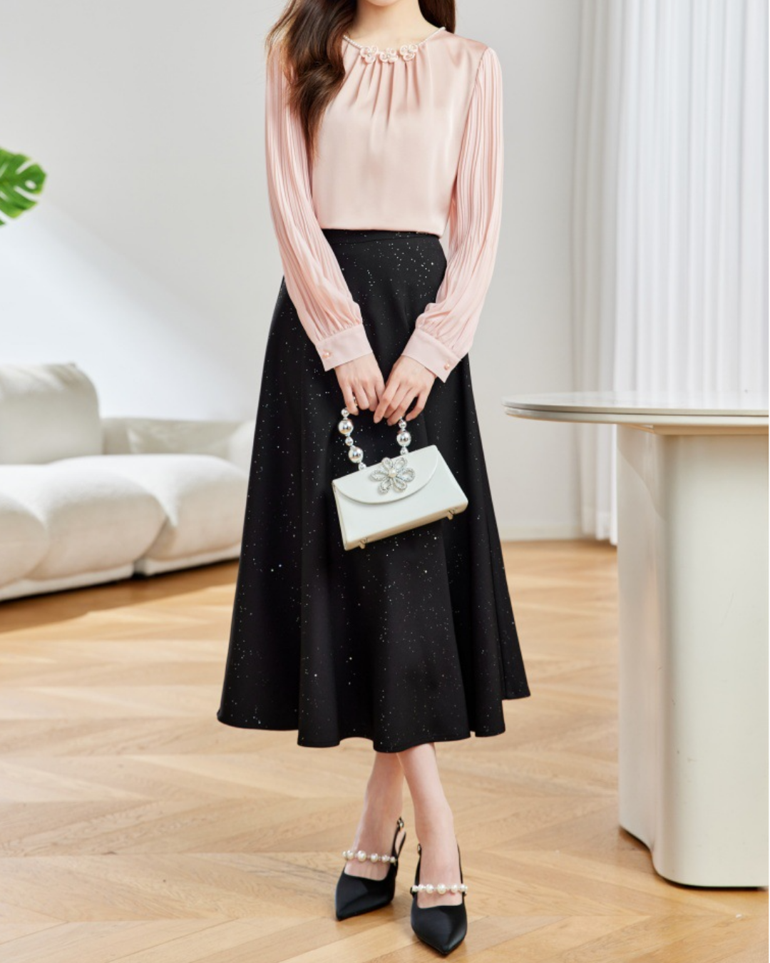 ビーズフラワープリーツブラウス 2451