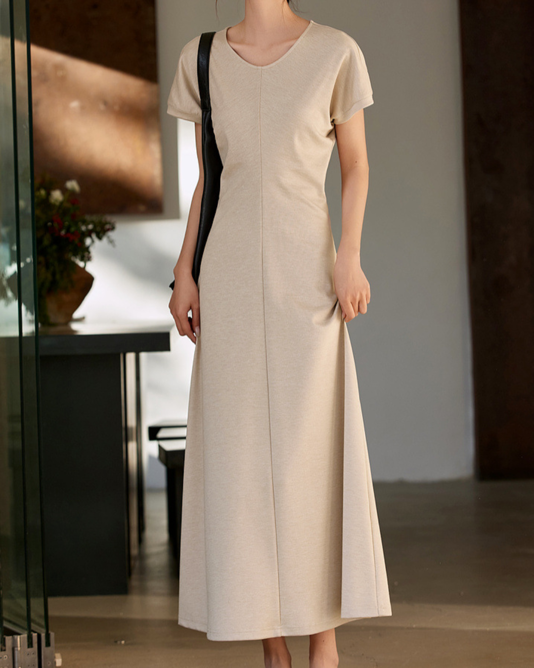 ラウンドネックバックリボンロングワンピース 2423